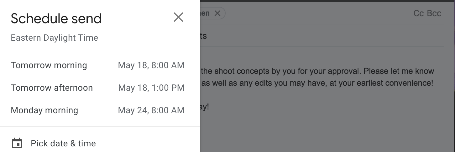 screenshot of email scheduling