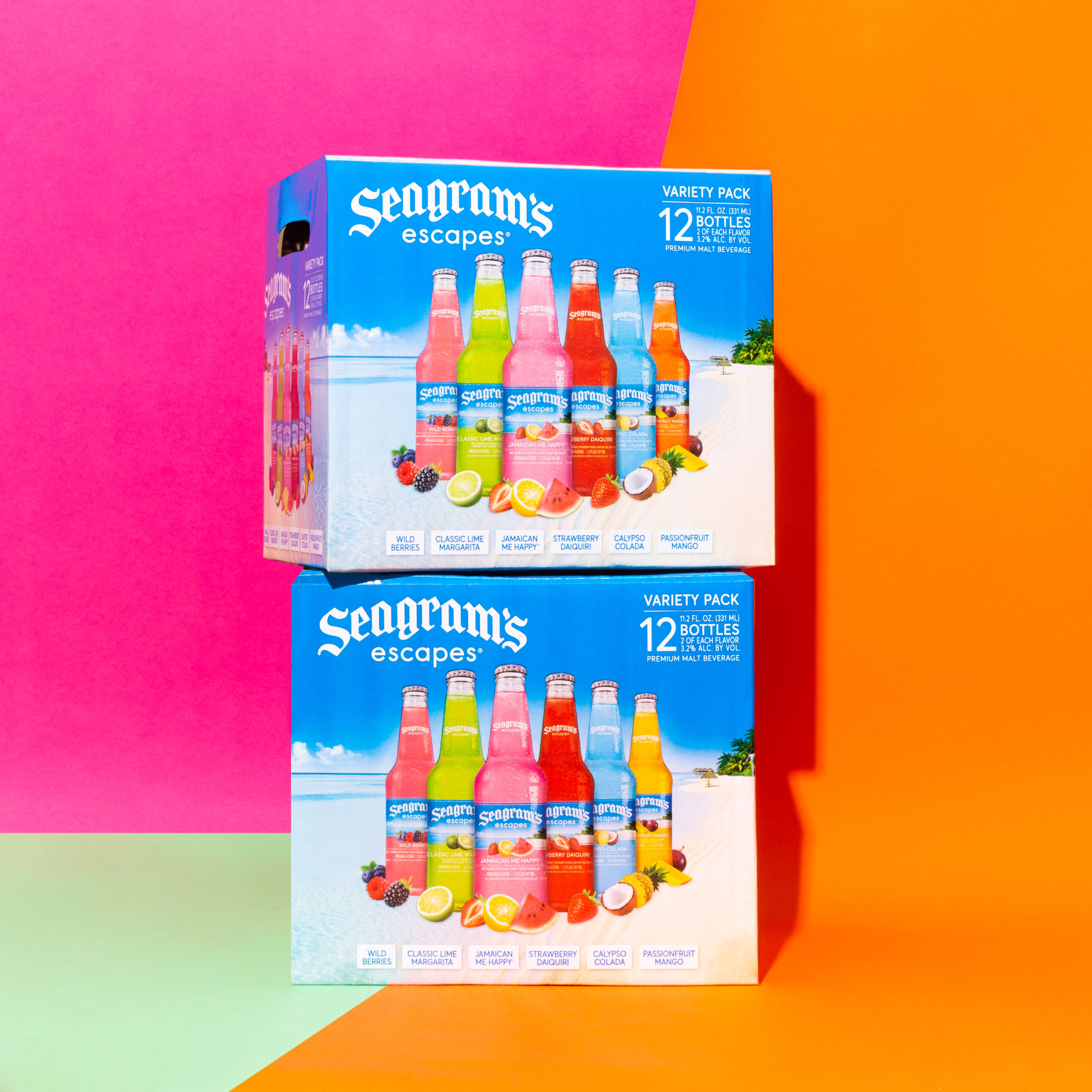 2 12 packs of seagrams escapes stacked on colorblock background