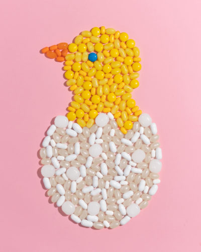 chick hatching out of an egg made out of colored candy