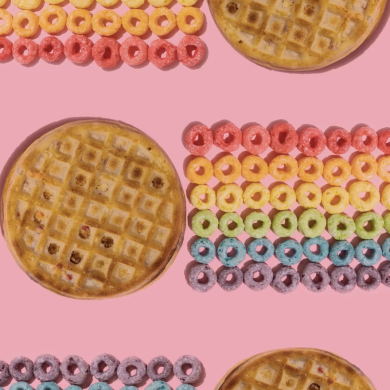 Froot Loops Eggo waffles pink background
